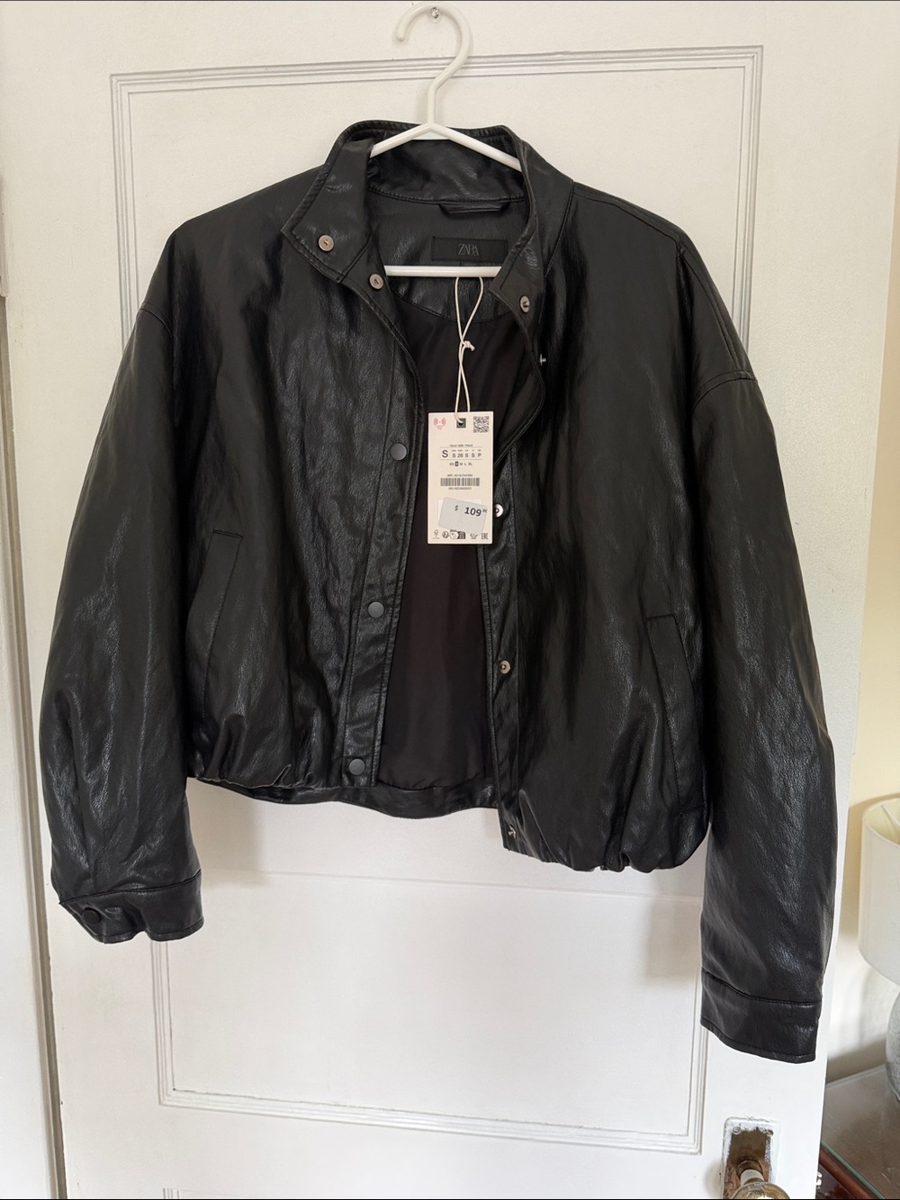 Zara Black Faux Leather Bomber-Style Jacket